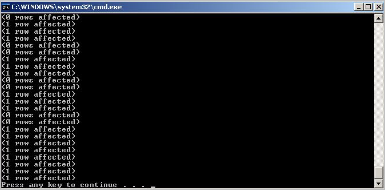 Command prompt window running sqlserver-populate.bat file displaying various steps